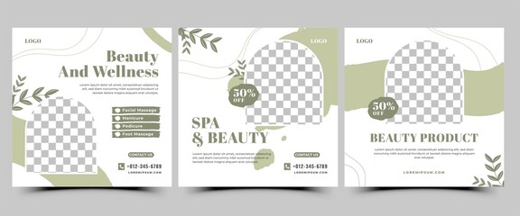 Wall Mural - Set of Spa and Massage Social Media Template. Square Banner Template with Abstract Green Shape and Place for the Photo. Suitable for social media post, flyer, banner, and web internet ads.