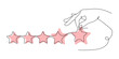 Hand shows the Rating on the Stars. Line art drawing. Hand and Stars with the addition of pink. An illustration for evaluating the Rating of something. Icon for Ratings, Reviews, feedback.