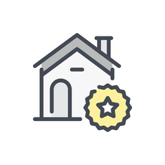 Poster - quality building color line icon. house building with star badge vector outline colorful sign.