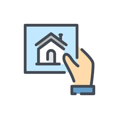 Poster - Real estate options color line icon. Hand with picture of house vector outline colorful sign.