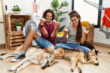 Sticker - Young hispanic couple doing laundry with dogs very happy and excited doing winner gesture with arms raised, smiling and screaming for success. celebration concept.