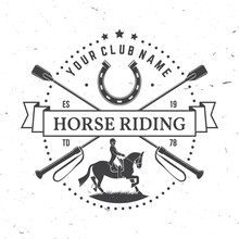Horse Racing Sport Club Badges, Patches, Emblem, Logo. Vector Illustration. Vintage Monochrome Equestrian Label With Rider And Horse Silhouettes. Horseback Riding Sport. Concept For Shirt Or Logo