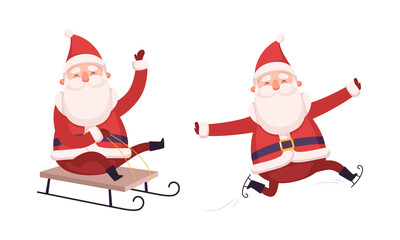 Poster - Santa Claus Character with White Beard and Red Hat Ice Skating and Riding Sledge Vector Set