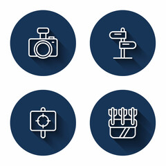 Sticker - Set line Photo camera, Road traffic sign, Target sport and Quiver with arrows with long shadow. Blue circle button. Vector