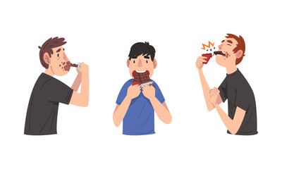 Sticker - Young Guy Greedily Eating Bar of Chocolate Vector Set