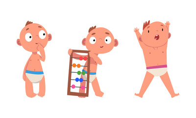 Sticker - Funny Baby in Diaper Standing with Counting Frame and Shouting Vector Set