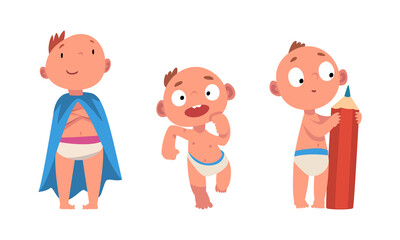 Poster - Funny Baby in Diaper Standing with Pencil and Wearing Cloak Vector Set