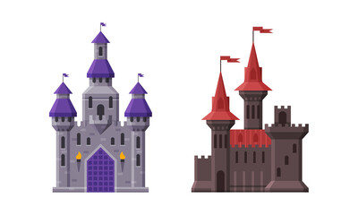 Wall Mural - Medieval Castle with Tall Stone Tower and Flag on Top Roof Vector Set