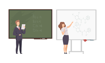 Wall Mural - Teacher or University Professor Standing in Front of Chalkboard Explaining Lesson Vector Set