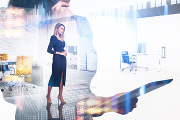 Poster - Two businesswomen wearing formal suits work together holding tab