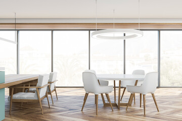 Panoramic dining room with on trend lights over two white tables