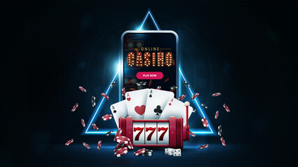 Online casino, banner with smartphone, red slot machine, poker chips, playing cards in dark scene with blue neon triangle border on background