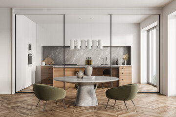 Light kitchen interior with two seats and table, kitchenware and window