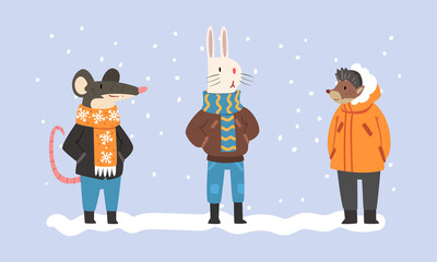 Canvas Print - Animals Wearing Warm Winter Clothes Walking in Snowy Weather Vector Set