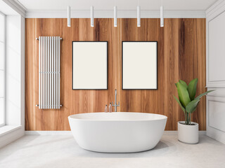 Two canvases on wood wall and round white bathtub in modern bathroom