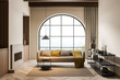 Beige living room with arch window