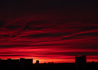 Wall Mural - city sunrise close up red sky