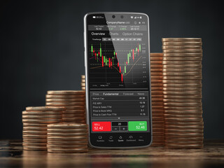 Aufkleber - mobile phone with trading platform app on the screen and coin stacks. stock exchange market and nves