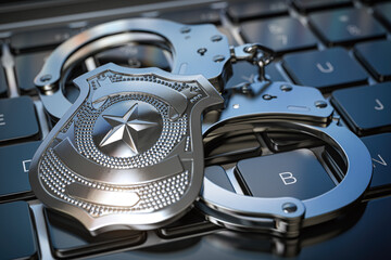 Poster - Cyber police and internet crime concept. Handcuffs and police badge on computer keyboard.
