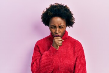 Canvas Print - Young african american woman wearing casual clothes feeling unwell and coughing as symptom for cold or bronchitis. health care concept.