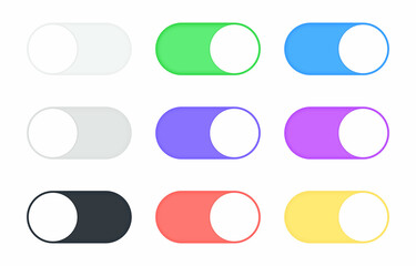 Poster - toggle switch buttons set. on and off. black, gray, white and colorful switch interface buttons. tem