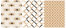 Simple Hand Drawn Irregular Geometric Seamless Vector Patterns. Brown Eyes On A Light Beige Background. Cute Infantile Repeatable Design With Diamonds Isolated On A Beige And Brown Layout.