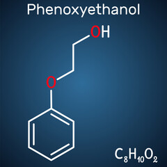 Canvas Print - Phenoxyethanol primary alcohol molecule. It is glycol ether, antiinfective agent, preservative, antiseptic, solvent. Structural chemical formula on the dark blue background