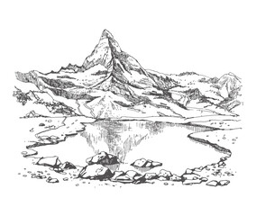 hand drawn illustration of landscape mountain range and lake. matterhorn glacier, switzerland. using