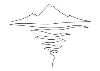 Wall Mural - Mountains by the sea. Reflection in water. Continuous line drawing illustration. Isolated on white background