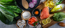 Fresh Food Ingredients Prepared For Cooking On A Kitchen Table