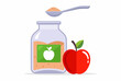 fruit applesauce in a glass jar. spoon with baby food. flat vector illustration.