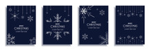 Merry Christmas And New Year 2024 Brochure Covers Set. Xmas Minimal Banner Design With White Snowflakes Decorative Borders On Blue Backgrounds. Vector Illustration For Flyer, Poster Or Greeting Card
