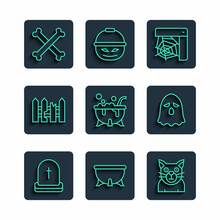 Set Line Tombstone With RIP Written, Halloween Witch Cauldron, Cat, Spider Web, Garden Fence Wooden, Crossed Bones And Ghost Icon. Vector