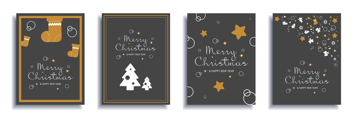 Wall Mural - Merry Christmas and New Year 2022 brochure covers set. Xmas minimal banner design with gold socks and stars, white trees, festive borders. Vector illustration for flyer, poster or greeting card