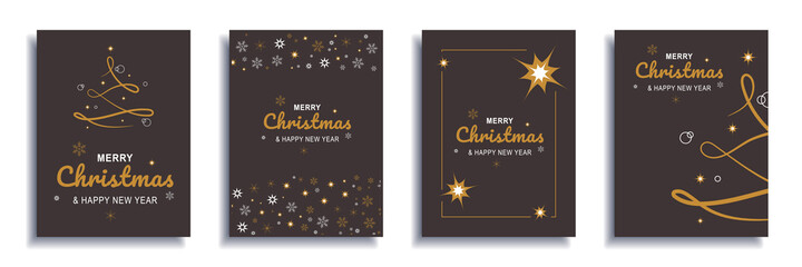Poster - Merry Christmas and New Year 2022 brochure covers set. Xmas minimal banner design with abstract gold festive tree and snowflakes patterns. Vector illustration for flyer, poster or greeting card