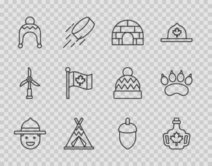 Sticker - Set line Canadian ranger hat, Bottle of maple syrup, Igloo ice house, Indian teepee or wigwam, Winter, Flag Canada, Acorn and Bear paw footprint icon. Vector