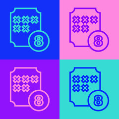 Sticker - Pop art line Bingo or lottery ball on bingo card with lucky numbers icon isolated on color background. Vector