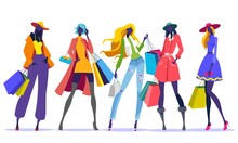 Women Silhouettes With Shopping Bags. Winter Fashion Clothes. Colorful Vector Illustration