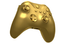 Realistic Gold Video Game Joystick On White Background. Concept Of Winner Awards
