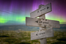 A Way Of Your Own Text Quote On Wooden Signpost Outdoors In Nature With Northern Lights Above.