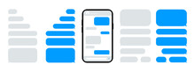 Smart Phone With Chatting. Smartphone With Blue Message Bubbles. Speech Bubbles For Chat. Text Sms Template Bubbles. Messenger Conversation Mockup. Messenger Interface.