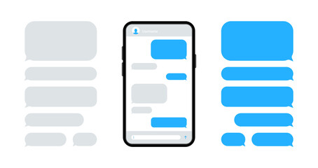 Wall Mural - Smart Phone with chatting. Smartphone with blue message bubbles. Speech bubbles for chat. Text sms template bubbles. Messenger conversation mockup. Messenger interface.