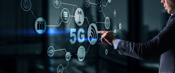 Wall Mural - 5G Network Wireless Internet concept. Man touching 3D icon 5G