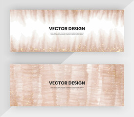 Wall Mural - Web banners with purple and orange watercolor shapes, golden glitter texture. Vector design
