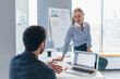 © undrey - Woman came to a colleague and sat on his desk and talked to him cheerfully
