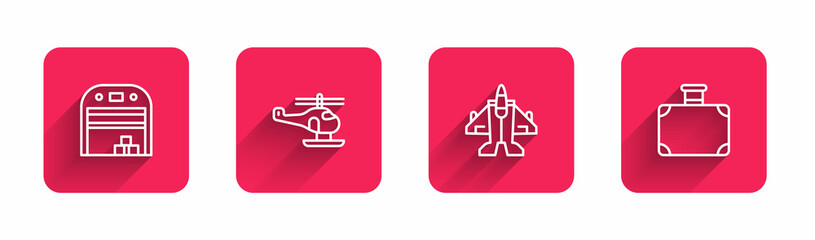 Wall Mural - Set line Aircraft hangar, Helicopter, Jet fighter and Suitcase with long shadow. Red square button. Vector