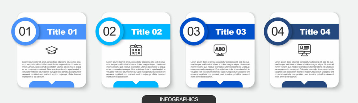 Set line Graduation cap, School building, Alphabet and Online class. Business infographic template. Vector