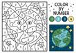 Vector space color by number activity with Earth planet. Astronomy coloring and counting game with cute stars. Funny cosmos coloration page for kids. .