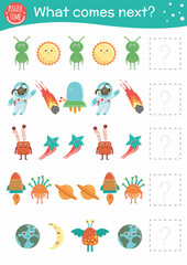  What comes next. Space matching activity for preschool children. Funny astronomy puzzle. Logical worksheet with planets, stars, astronaut, alien, rocket, Earth. Continue the row game..