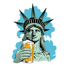 Statue Of Liberty Holding A Beer Pint. Comic Style Engraving Style Vector Illustration.